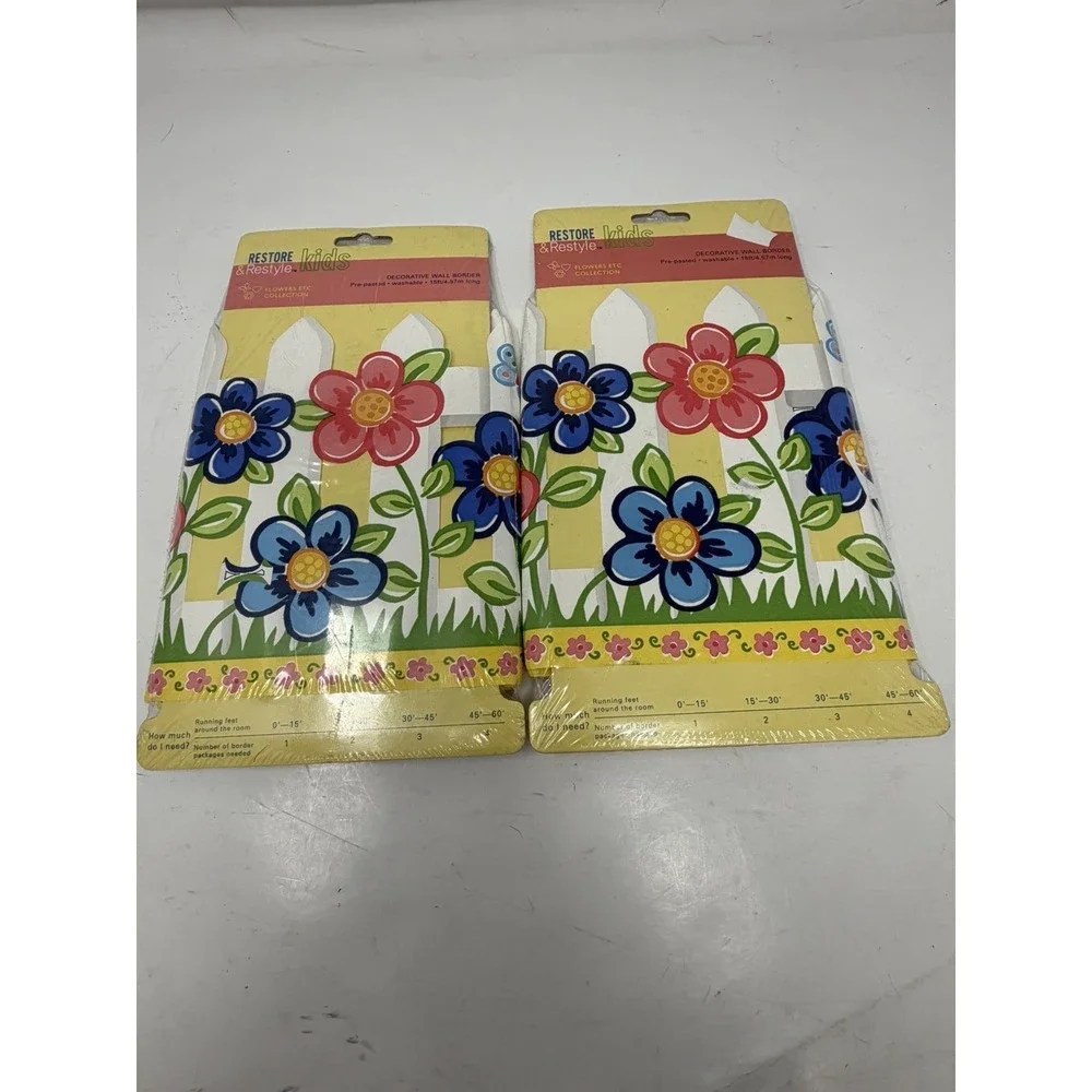Vtg Restore & Restyle Kids Wall Border White Picket Fence Flowers 2 Packs 30ft